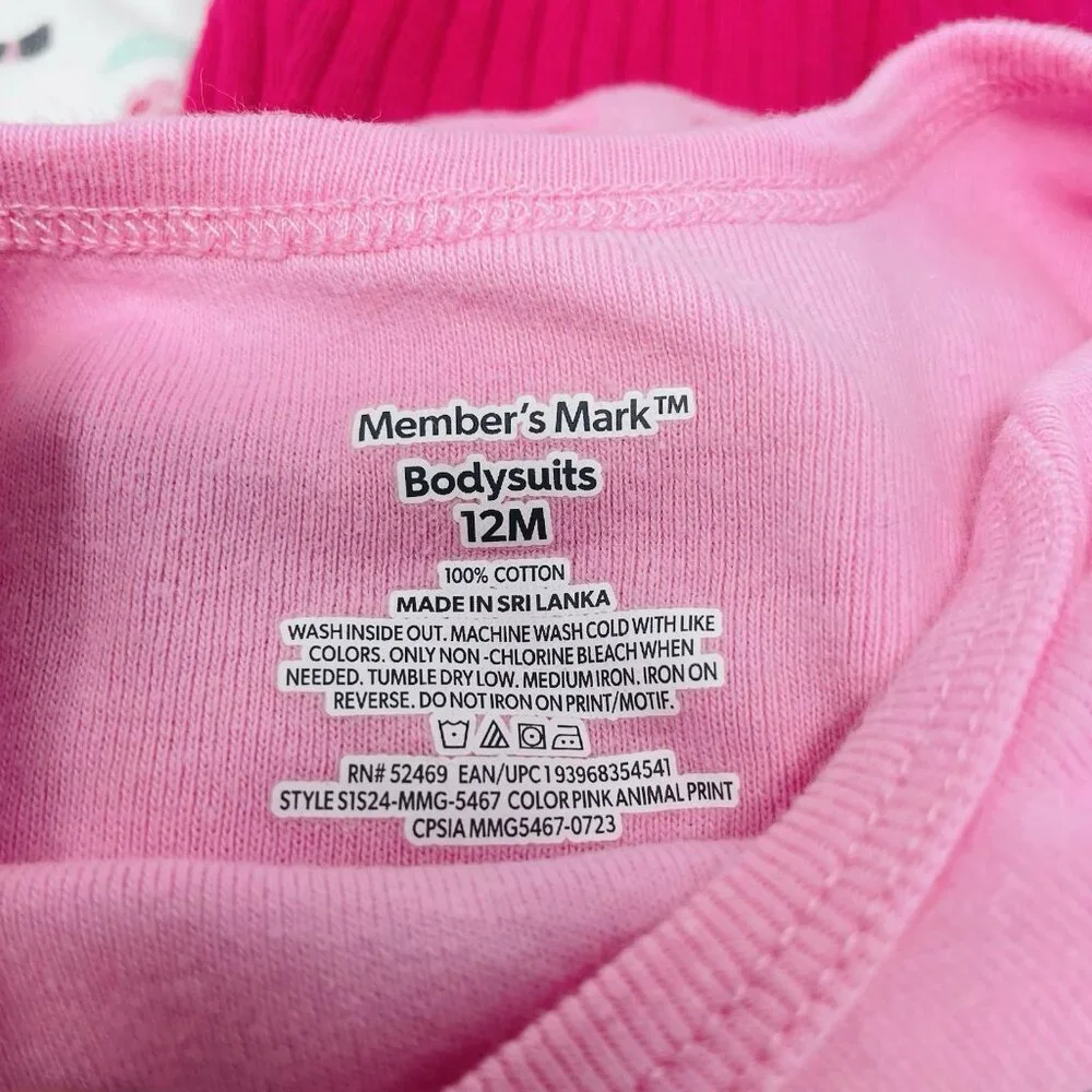 Members Mark Baby Girls 12 Months 5 Pack Animal Print/Floral Bodysuits Pink 2275